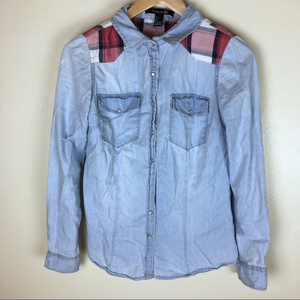 F21 denim-effect button-down with red plaid accent